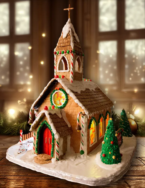 Gingerbread chapel with a tall steeple, stained-glass windows and a small candy Christmas tree by the door